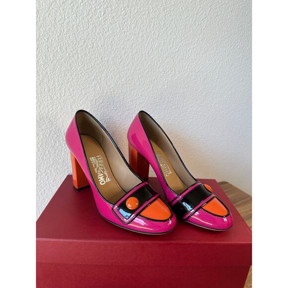 Ferragamo Colorblock Patent Leather Pumps Pink Orange Black Size 7 w/ Dust Bag - Picture 1 of 3